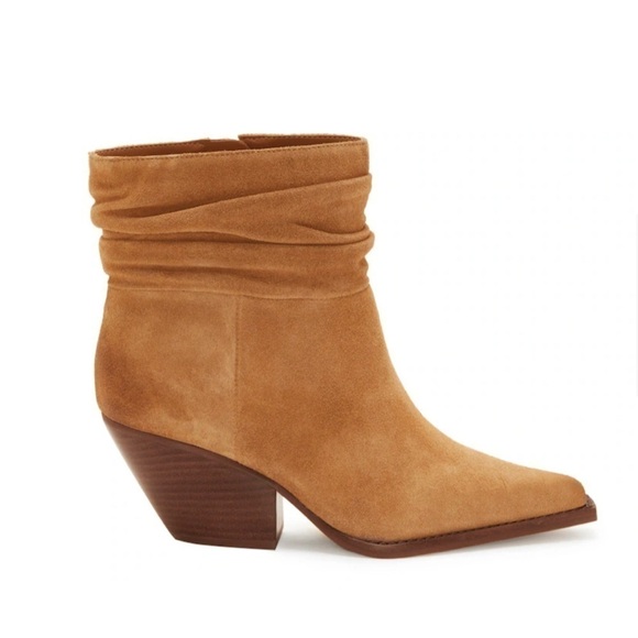 VINCE CAMUTO COGNAC NERLINJI COWBOY BOOTIE SUEDE LEATHER - Picture 1 of 7